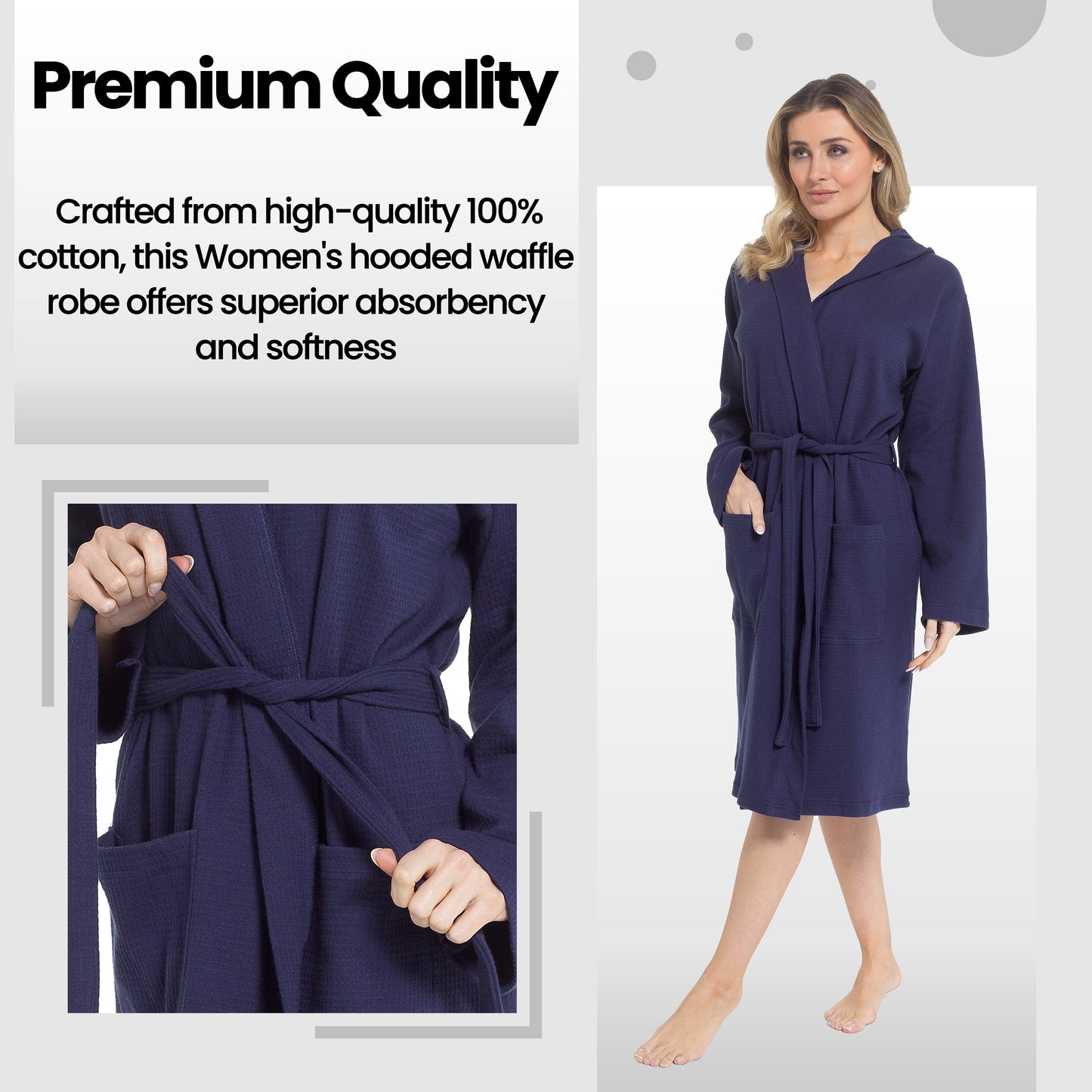 Peignoir de bain à capuche gaufré en coton pour femme, bleu marine, super absorbant, pour la maison, la détente et les voyages, par Daisy Dreamer