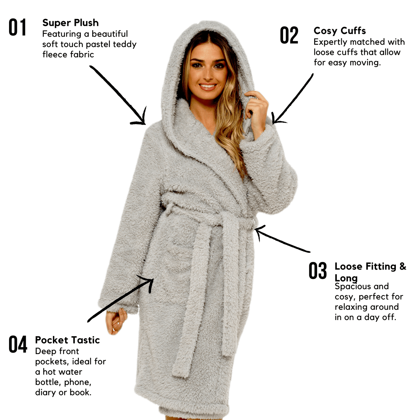 Robe de chambre à capuche en polaire nounours gris doux pour femme – Douillette et chaude en sherpa ultra-douce par Daisy Dreamer
