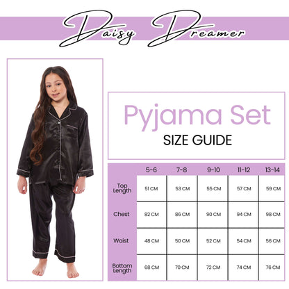 OLIVIA ROCCO Girls Satin Silk Long Sleeve Pyjama Set Black Pink Grey 5-14 Button Down