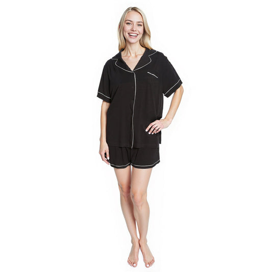 Ensemble pyjama court noir pour femme – Haut boutonnable et short avec poches – Pyjashort ultra doux de Daisy Dreamer