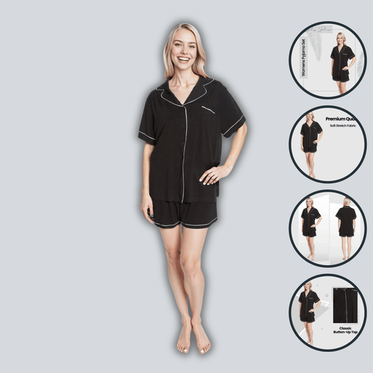 Ensemble pyjama court noir pour femme – Haut boutonnable et short avec poches – Pyjashort ultra doux de Daisy Dreamer