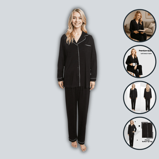 Ensemble de Pyjama Noir Femme Doux Haut Boutonné Manches Longues et Bas Deux Pièces de Nuit par Daisy Dreamer