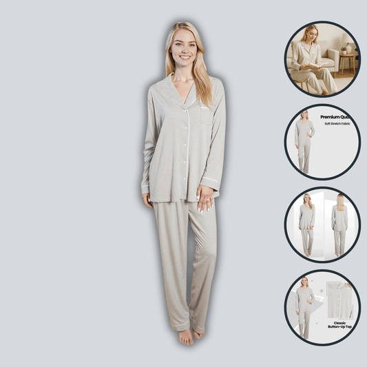 Pyjama gris pour femme en molleton doux, haut à manches longues boutonné et bas, deux pièces de nuit par Daisy Dreamer
