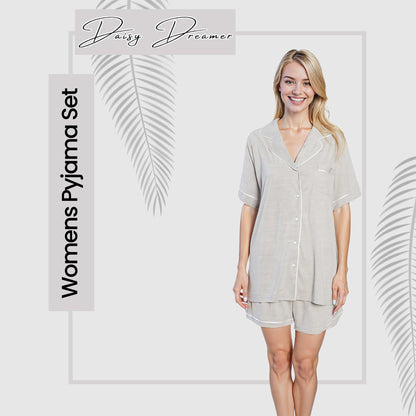 Ensemble de Pyjama Court Gris pour Femme Daisy Dreamer – Nuisette Super Douce – Haut Boutonné et Short à Poches