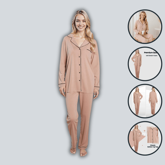 Ensemble de pyjama pour femme Daisy Dreamer en matière naturelle, doux au toucher, haut à manches longues boutonné et bas, deux pièces.