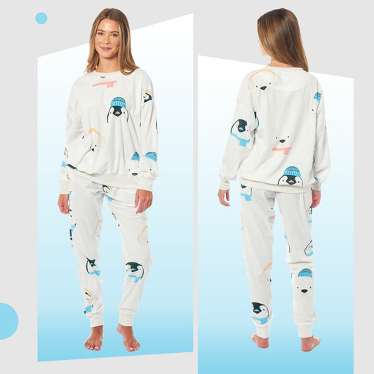 Pyjama en polaire doux pour femme Manches longues Imprimé Pingouins & Ours polaires Chaud Vêtements de nuit et d'intérieur pour femme par Daisy Dreamer