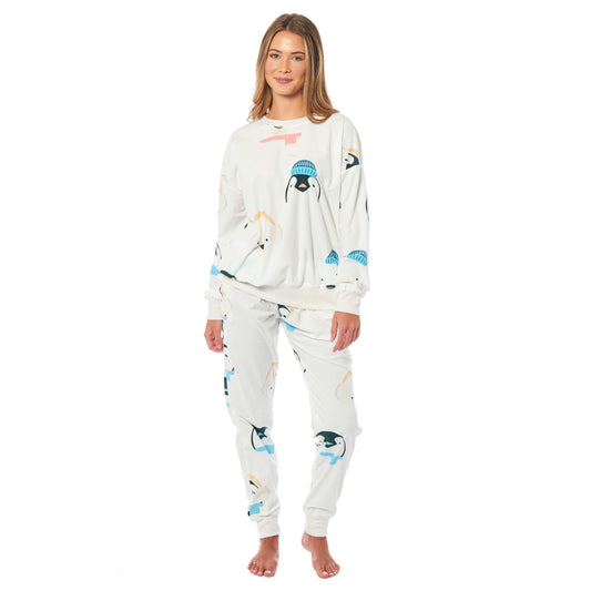 Pyjama en polaire doux pour femme Manches longues Imprimé Pingouins & Ours polaires Chaud Vêtements de nuit et d'intérieur pour femme par Daisy Dreamer