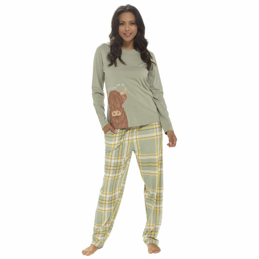 Ensemble de pyjama en jersey de coton pour femme avec vache des Highlands Manches longues Vêtement de détente avec taille élastiquée par Daisy Dreamer