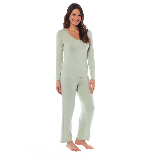 Ensemble de pyjama femme à manches longues en viscose élasthanne ultra douce noir vert, coupe extensible confortable, tailles UK 8-22 par Daisy Dreamer