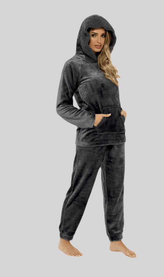 Ensemble de pyjama à capuche en polaire peluche de charbon de bois pour femme avec doublure en Sherpa, vêtement de détente en flanelle douce, vêtements de nuit chauds et confortables Tailles S à XL par Daisy Dreamer