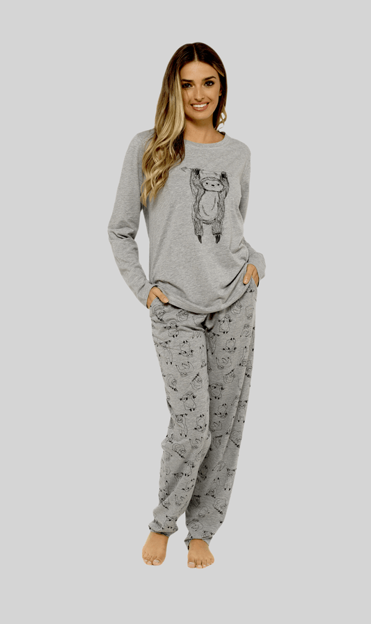Ensemble de Pyjama Femme en Coton Gris Motif Paresseux Manches Longues Vêtement de Nuit Confortable et Mignon Idée Cadeau pour Elle par Daisy Dreamer