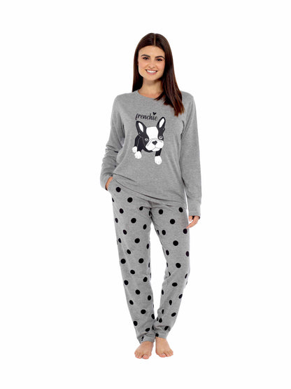 Ensemble pyjama en coton gris pour femme avec pantalon à pois et imprimé carlins bouledogues français, haut à manches longues, vêtements d'intérieur confortables, tissu doux et respirant, hypoallergénique, vêtement de nuit élégant par Daisy Dreamer
