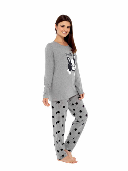 Ensemble pyjama en coton gris pour femme avec pantalon à pois et imprimé carlins bouledogues français, haut à manches longues, vêtements d'intérieur confortables, tissu doux et respirant, hypoallergénique, vêtement de nuit élégant par Daisy Dreamer