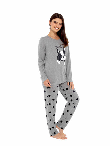 Ensemble pyjama en coton gris pour femme avec pantalon à pois et imprimé carlins bouledogues français, haut à manches longues, vêtements d'intérieur confortables, tissu doux et respirant, hypoallergénique, vêtement de nuit élégant par Daisy Dreamer