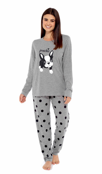 Ensemble pyjama en coton gris pour femme avec pantalon à pois et imprimé carlins bouledogues français, haut à manches longues, vêtements d'intérieur confortables, tissu doux et respirant, hypoallergénique, vêtement de nuit élégant par Daisy Dreamer