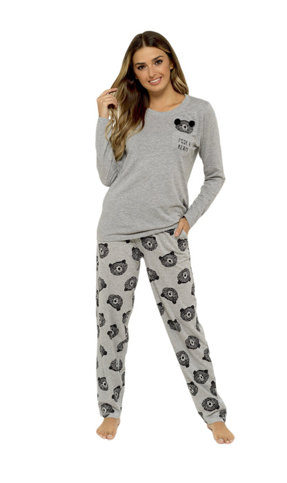 Ensemble de pyjama en coton gris pour femme avec motif ourson, haut à manches longues en jersey doux et bas élastiqué, vêtement de nuit et de détente confortable et respirant, différentes tailles, par Daisy Dreamer