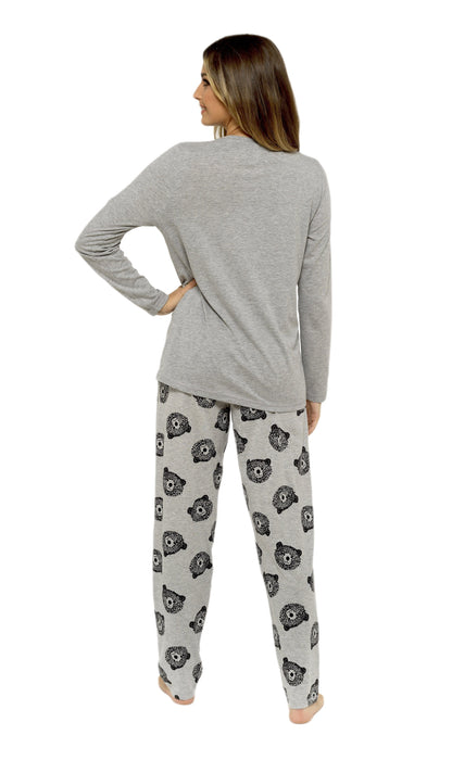 Ensemble de pyjama en coton gris pour femme avec motif ourson, haut à manches longues en jersey doux et bas élastiqué, vêtement de nuit et de détente confortable et respirant, différentes tailles, par Daisy Dreamer