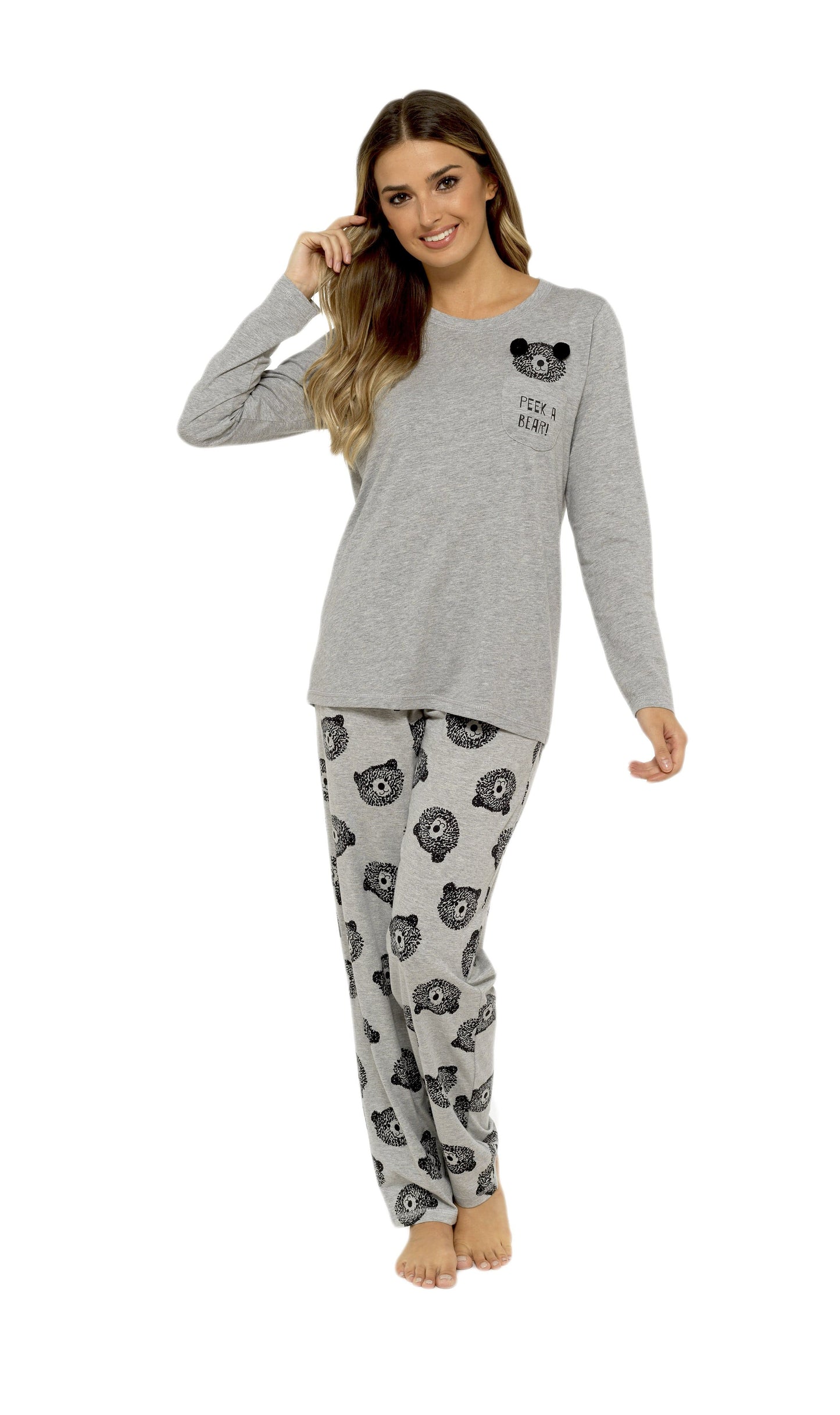 Ensemble de pyjama en coton gris pour femme avec motif ourson, haut à manches longues en jersey doux et bas élastiqué, vêtement de nuit et de détente confortable et respirant, différentes tailles, par Daisy Dreamer