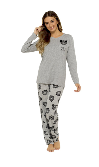 Ensemble de pyjama en coton gris pour femme avec motif ourson, haut à manches longues en jersey doux et bas élastiqué, vêtement de nuit et de détente confortable et respirant, différentes tailles, par Daisy Dreamer