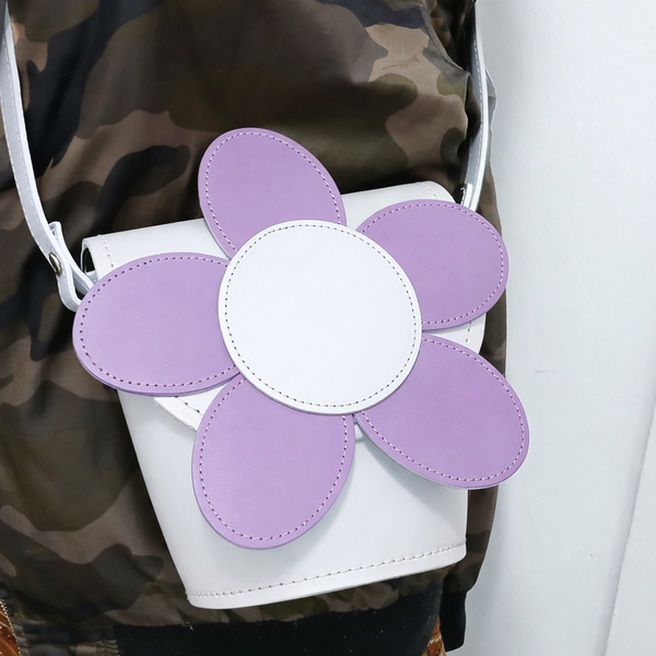 Sac Rond en Cuir Fait Main Daisy - Blanc et Violet