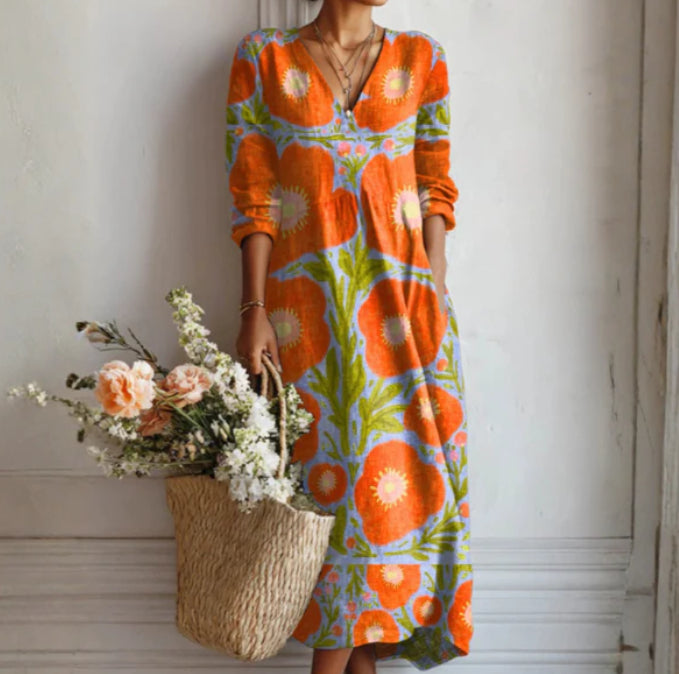 Lady's Linen Long-sleeved Dress
