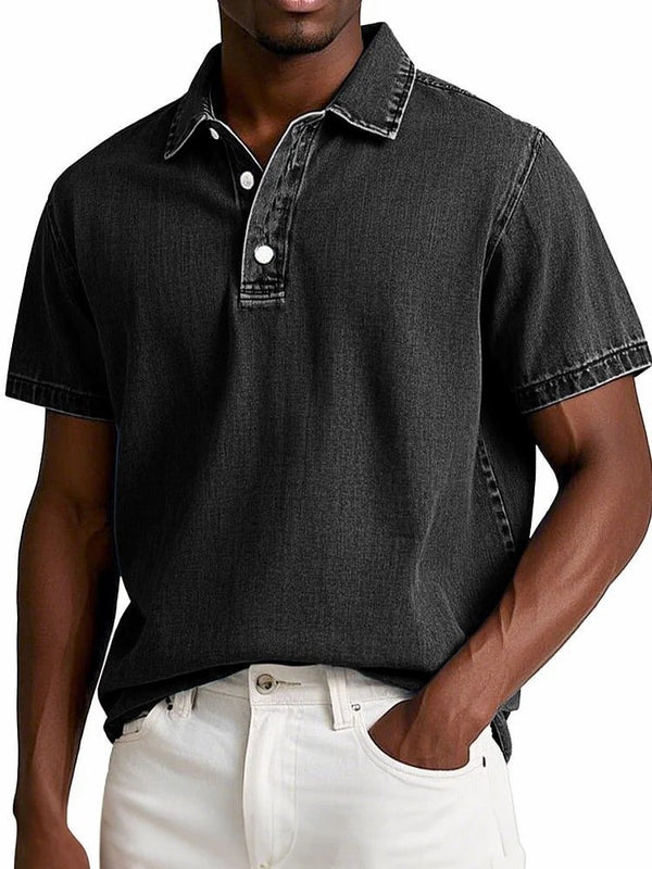 Men's Solid Colour Vintage Lapel Polo Shirt - Short Sleeve