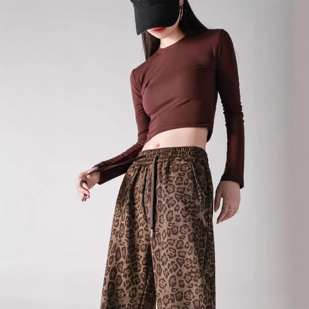 Womens Fleece-Lined Thickened Warm Leopard-Print Drawstring Wide-Leg Pants