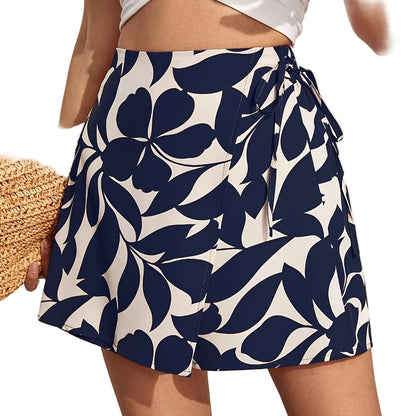 Jupe-short élégante pour femme avec imprimé floral et taille élastique à cordon de serrage.