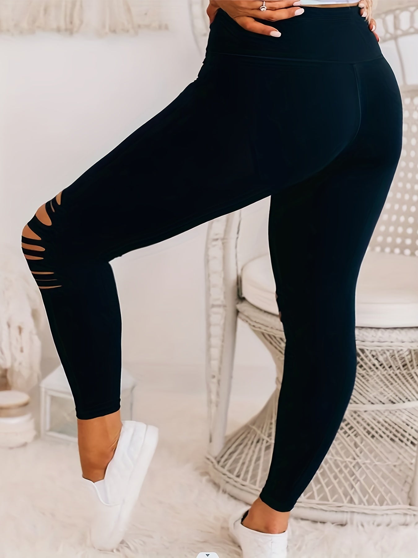 Legging Taille Haute Noir Femme Grande Taille avec Détails Évidés Chic - Mélange Polyester/Élasthanne Extensible & Confortable, Legging Facile d'Entretien