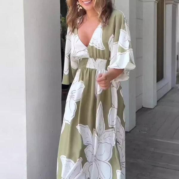 Flower Printed V-neck Batwing-sleeved Dress