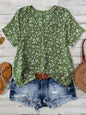 European And American Women's V-neck Short-sleeve Green Floral Casual