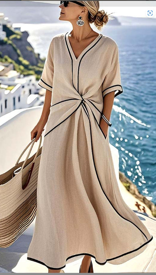 Loose Striped Short-Sleeve Maxi Dress
