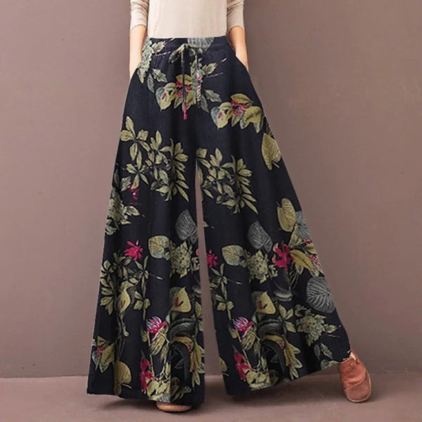 Women's Floral Wide Leg Trousers - Elastic Waist Casual Pants