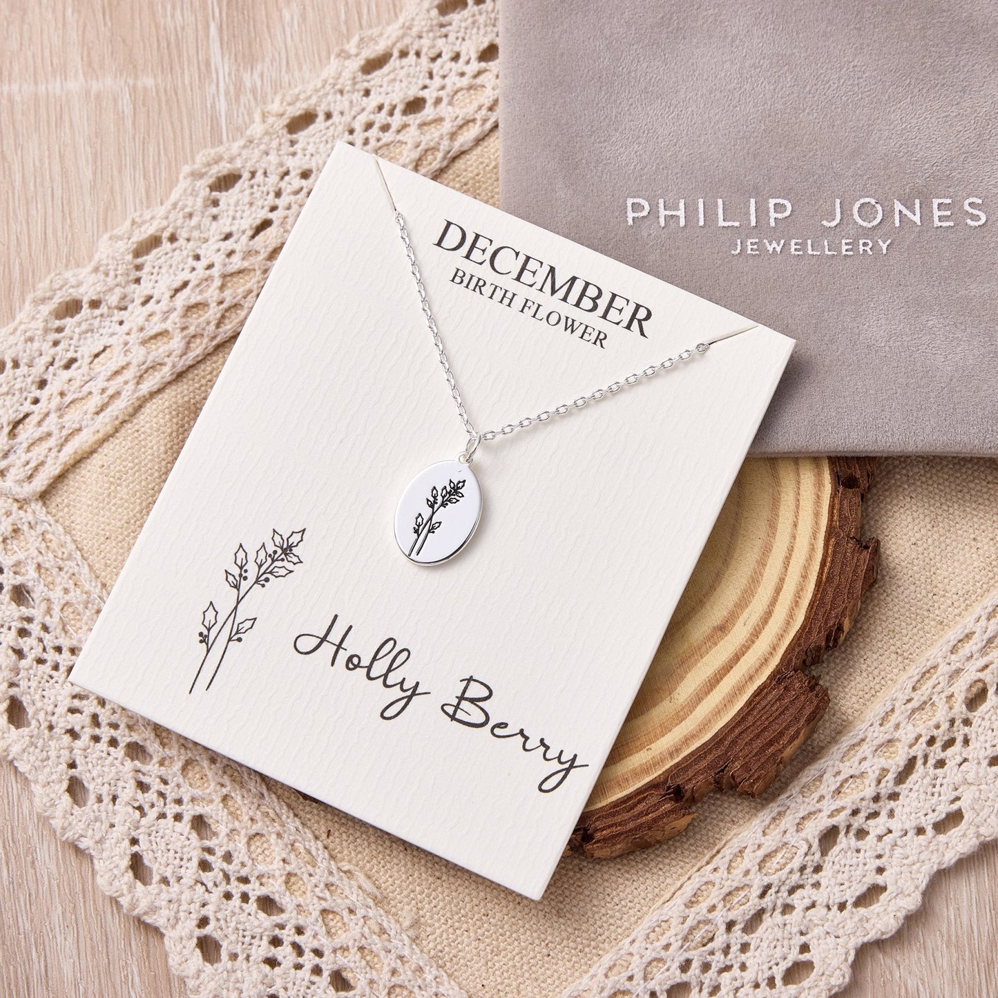 December Birth Flower Holly Berry Necklace with Card