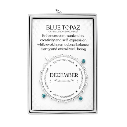 December (Blue Topaz) Birthstone Stretch Charm Bracelet with Quote Gift Box