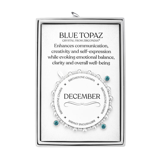 December (Blue Topaz) Birthstone Stretch Charm Bracelet with Quote Gift Box