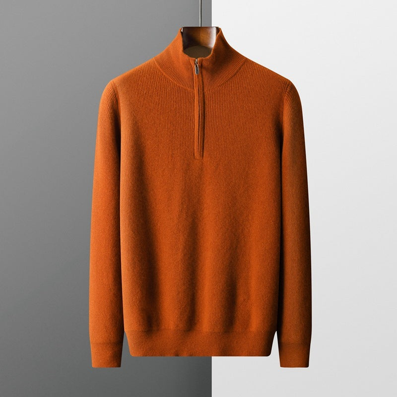 Mens Cashmere Thickened Half-high Collar Zipper Pullover Sweater