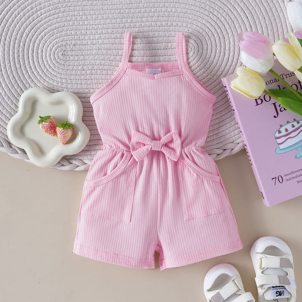 Girls' Striped Bow-Suspender Jumpsuit