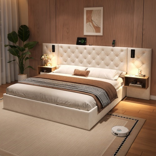 King Upholstered Bed With Charging Station, Velvet Hydraulic Storage Bed With Reading Light, 5ft King Bed Frame With Handmade Button Tufted Wide Headboard And Bedside Storage, Beige