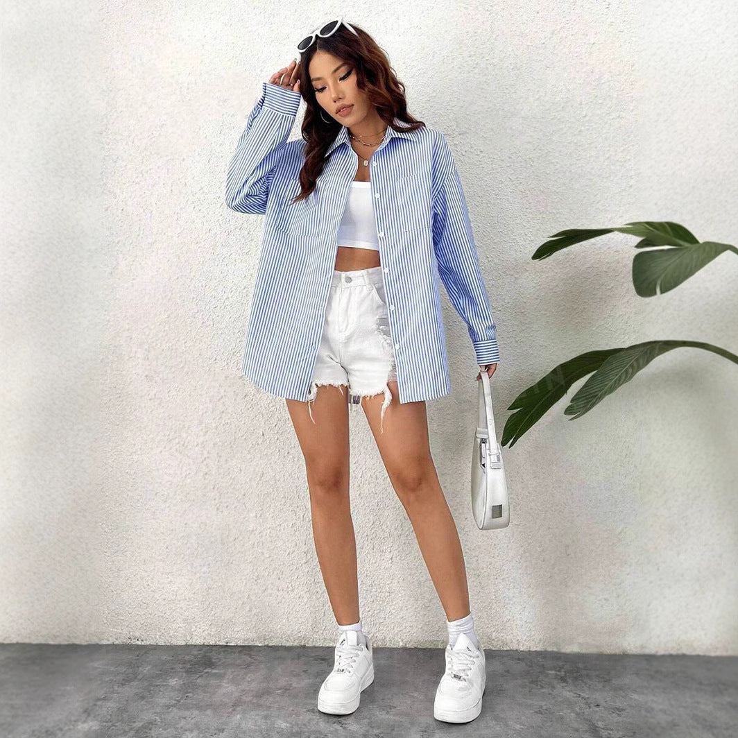 Striped Cardigan Top Loose Casual Long Sleeves Shirt