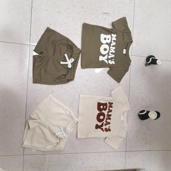 Waffle Towel Embroidery Short Sleeve Shorts Suit