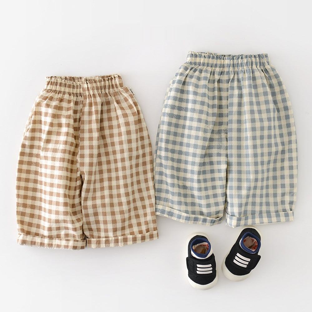 Boys Cotton Loose-fit Plaid Wide-leg Pants
