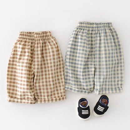 Boys Cotton Loose-fit Plaid Wide-leg Pants