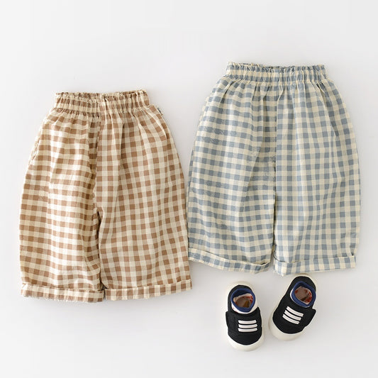 Boys Cotton Loose-fit Plaid Wide-leg Pants