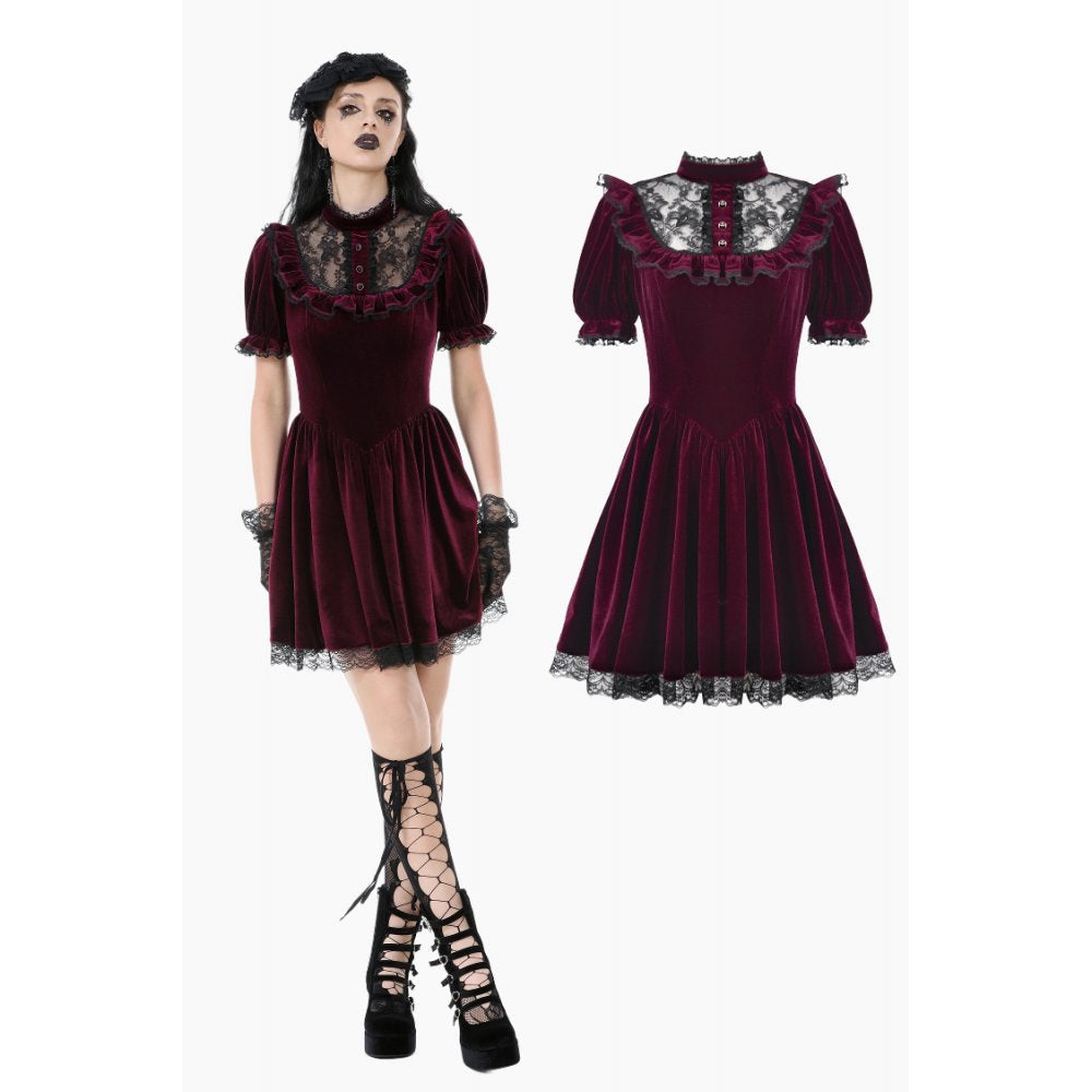 Robe Gothique en Velours Bordeaux à Col en Dentelle Ophelia Dark in Love