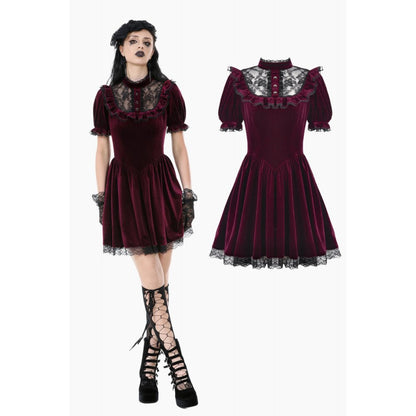Robe Gothique en Velours Bordeaux à Col en Dentelle Ophelia Dark in Love