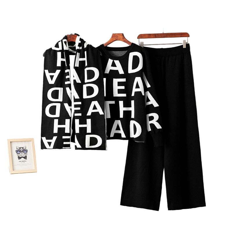 Elegant Women’s Knitted Suit – Letter Shawl, Woolen Round Neck Top & Casual Wide-Leg Pants