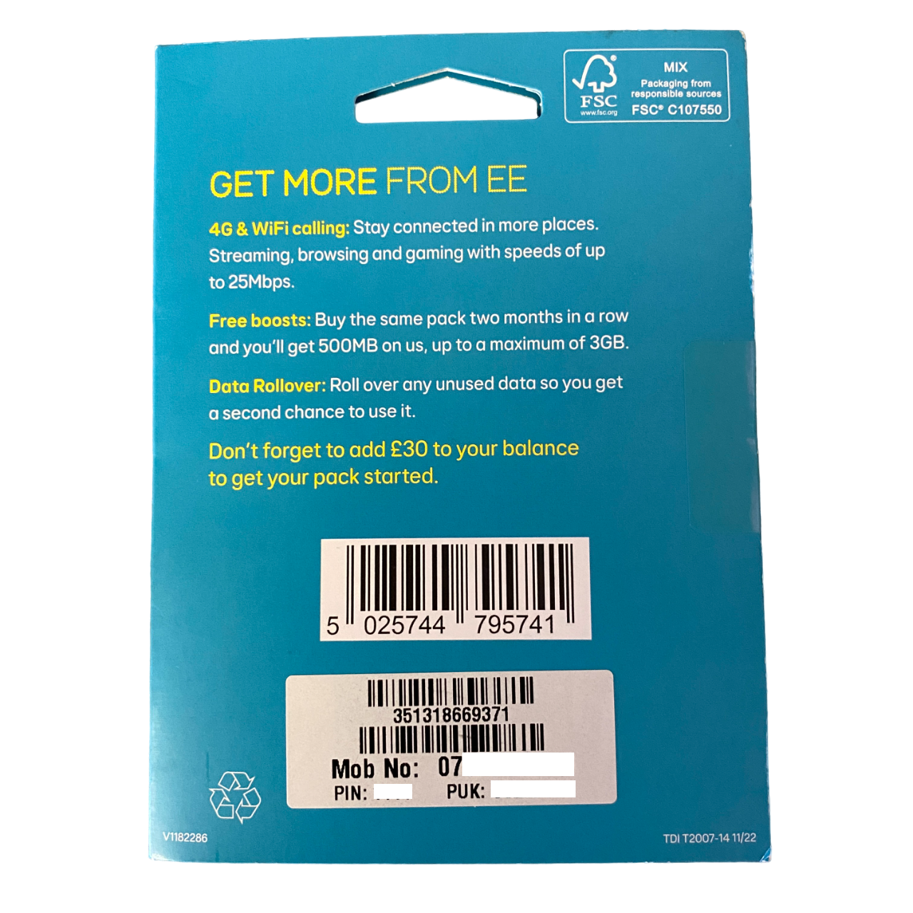 Carte SIM prépayée EE - Forfait à 30 £