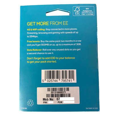 Carte SIM prépayée EE - Forfait à 30 £
