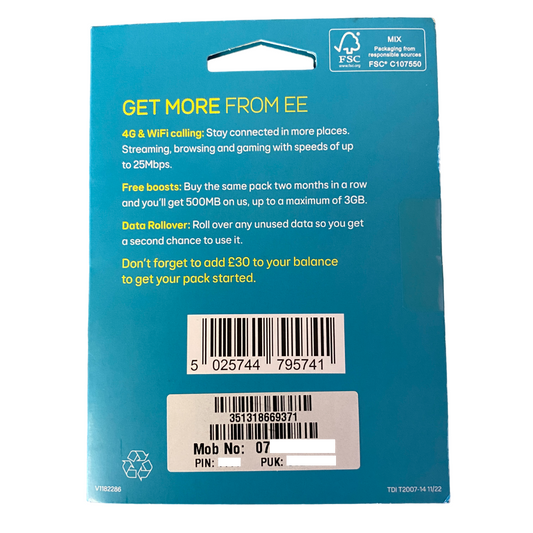 Carte SIM prépayée EE - Forfait à 30 £